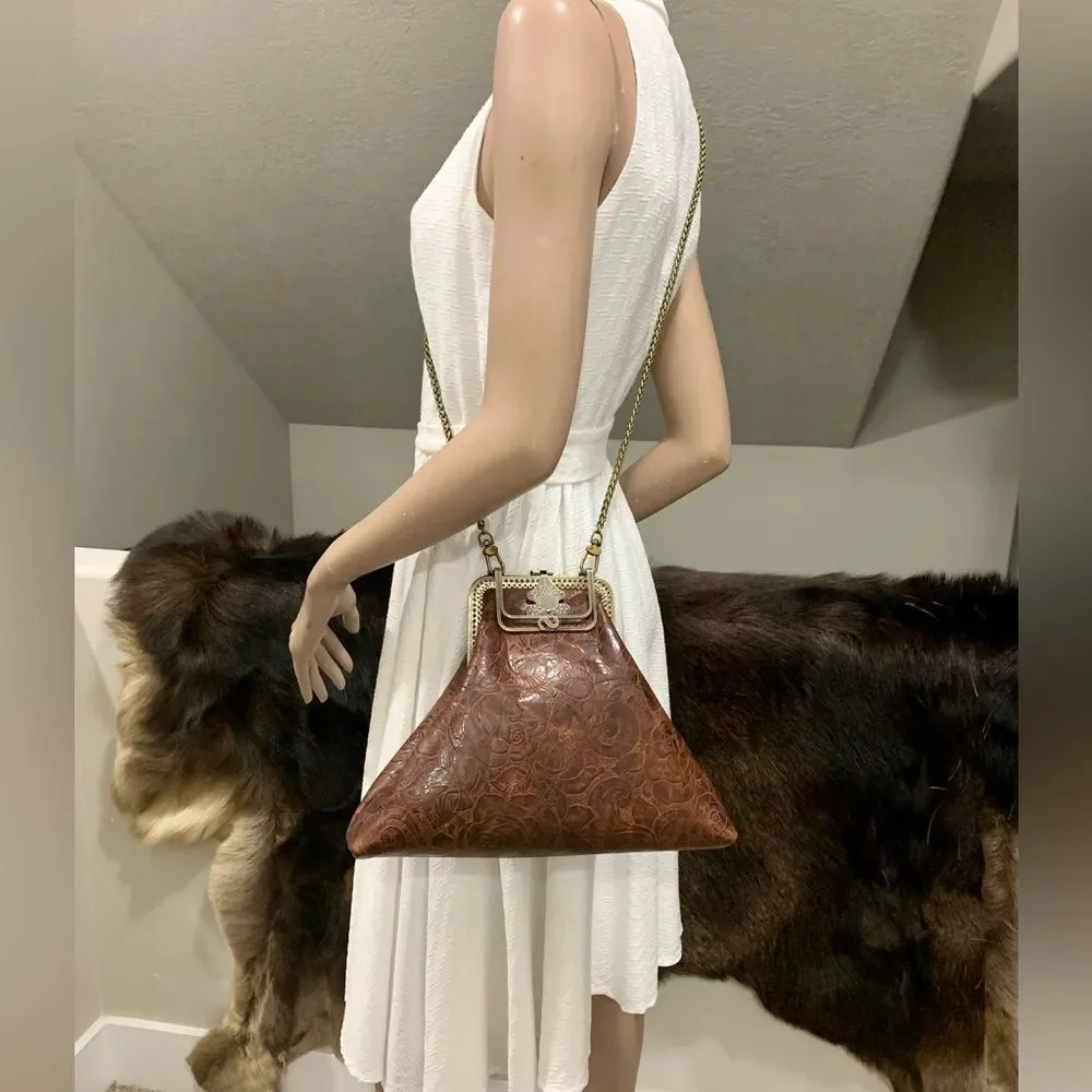 Brown Floral-Embossed Leather Shoulder Bag with Chain Handle
